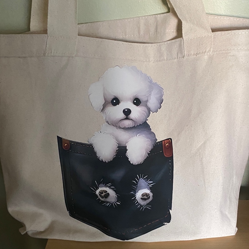 Large canvas tote with Bichon puppy or poodle Dog Canvas Tote Bag -